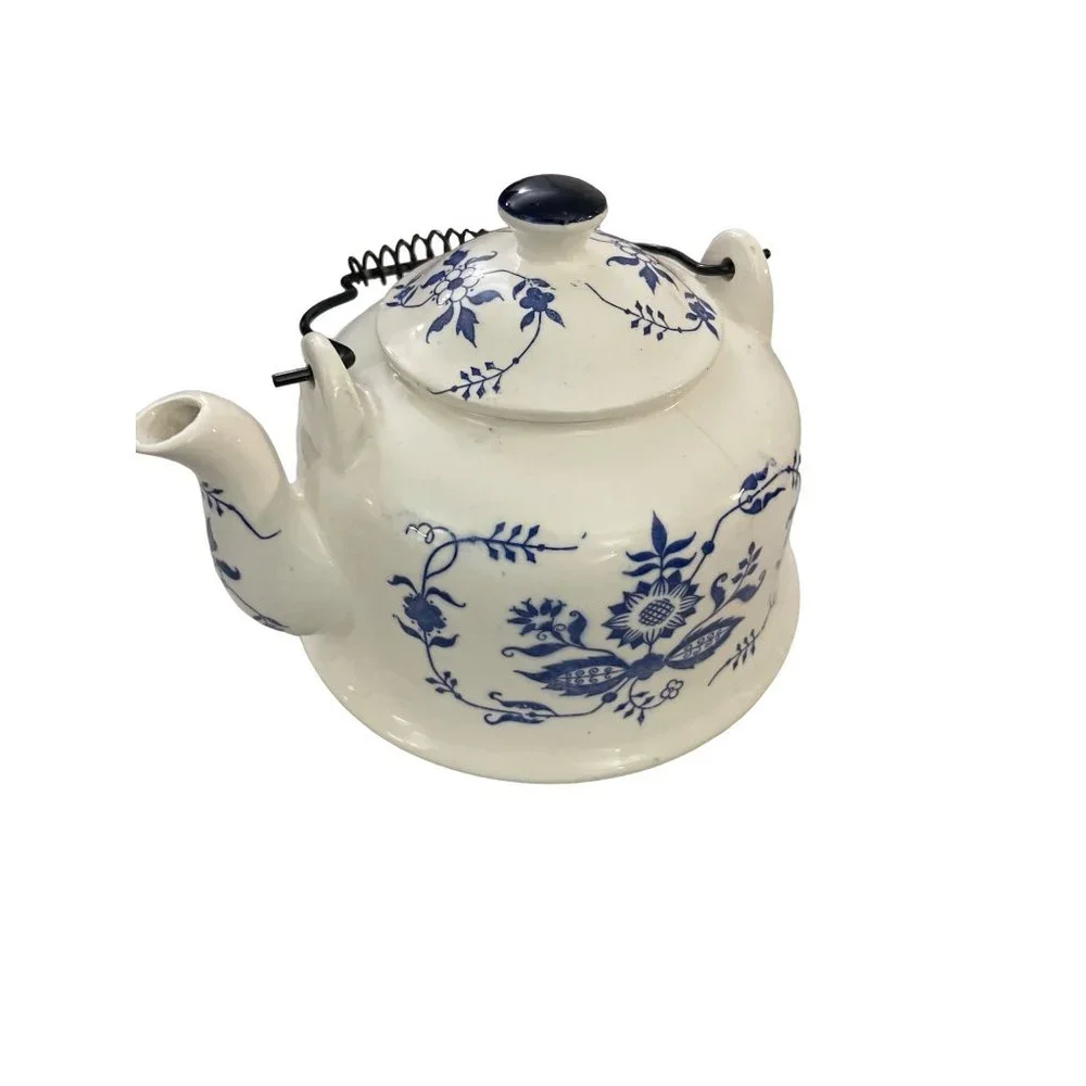 Vintage Blue and White Teapot with‎  Spiral Metal Handle